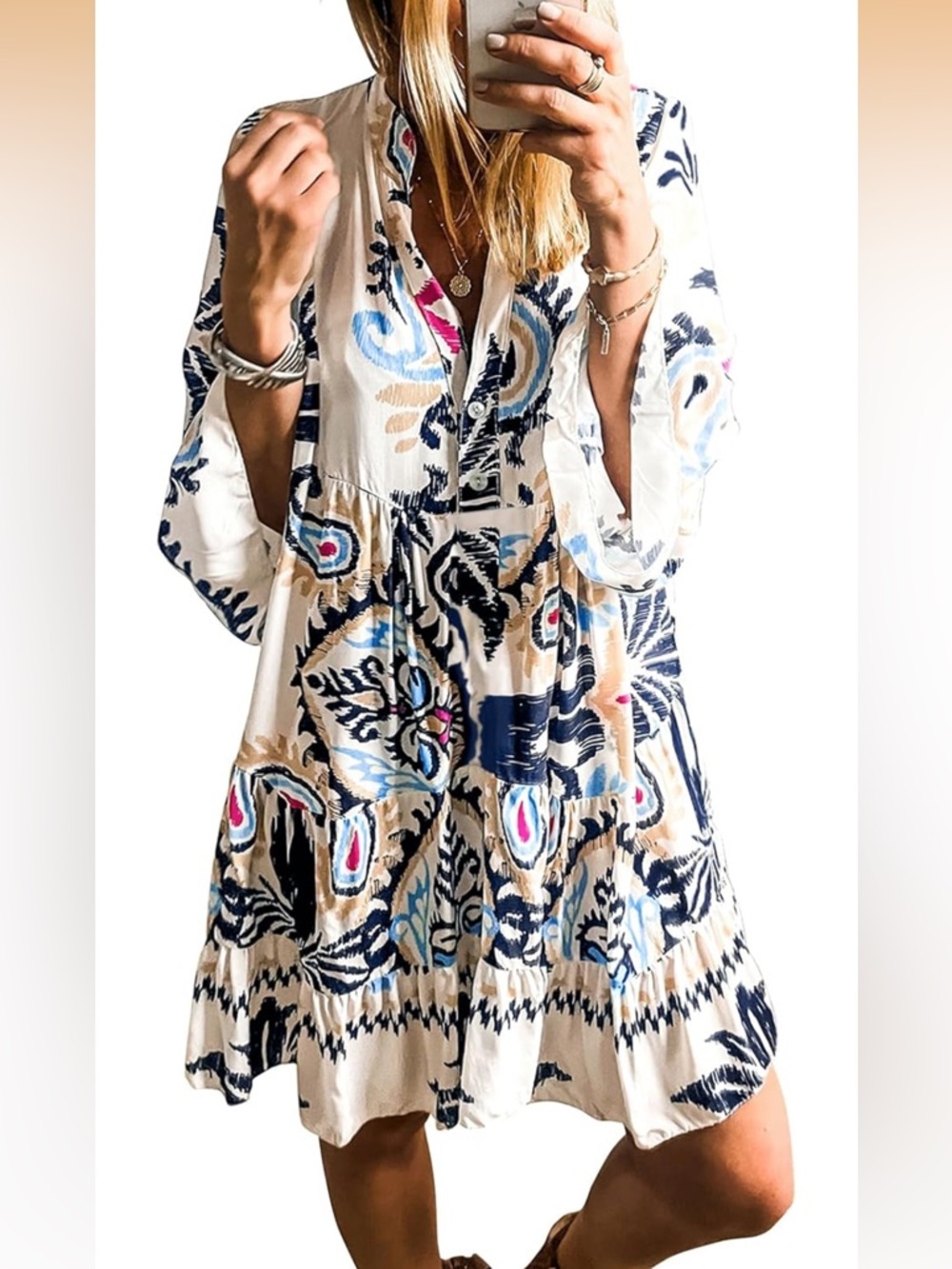 Milina Tiered Boho Dress in Cream with Teal & Navy Print - Large